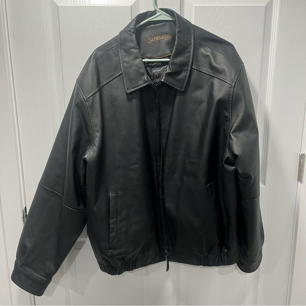 St. John's Bay Black Leather Bomber Jacket Size XXL
